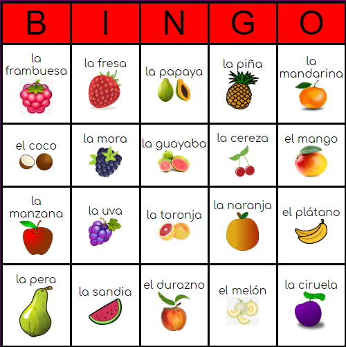 Fruits Bingo Card