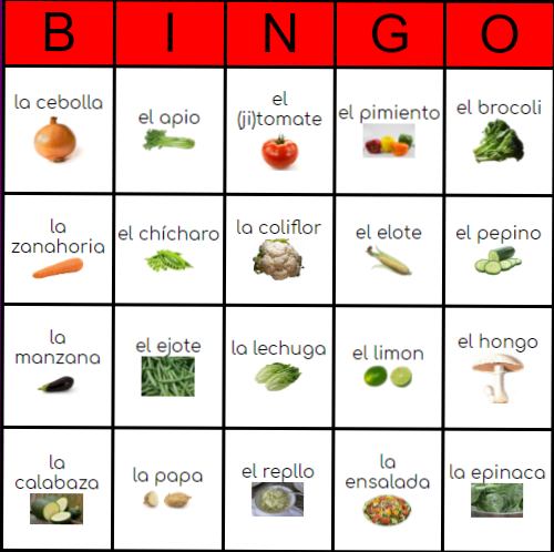 Vegetables Bingo Card